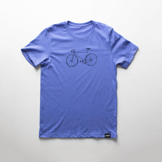 Blue t-shirt with hand drawn ten speed bicycle in navy. bicycle art, bike art, minnesota, twin cities, minneapolis, st paul, minnesota-themed clothing, clothing, apparel, accessories, gifts, goods, t-shirt, t shirt, tee, t-shirts, t shirts, tees
