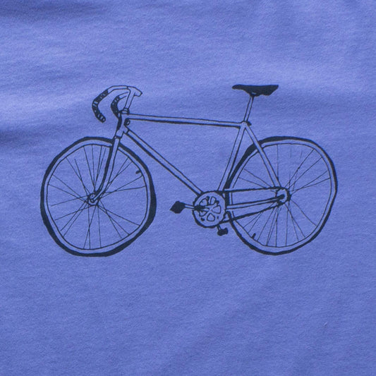 Detail of blue t-shirt with hand drawn ten speed bicycle in navy. bicycle art, bike art, minnesota, twin cities, minneapolis, st paul, minnesota-themed clothing, clothing, apparel, accessories, gifts, goods, t-shirt, t shirt, tee, t-shirts, t shirts, tees