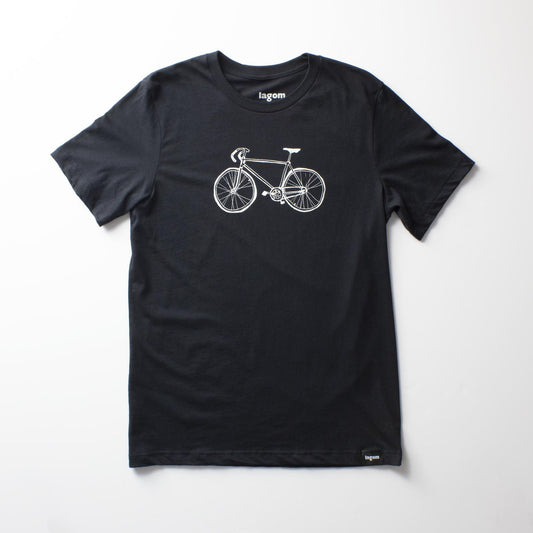Black t-shirt with hand drawn ten speed bicycle in navy. bicycle art, bike art, minnesota, twin cities, minneapolis, st paul, minnesota-themed clothing, clothing, apparel, accessories, gifts, goods, t-shirt, t shirt, tee, t-shirts, t shirts, tees
