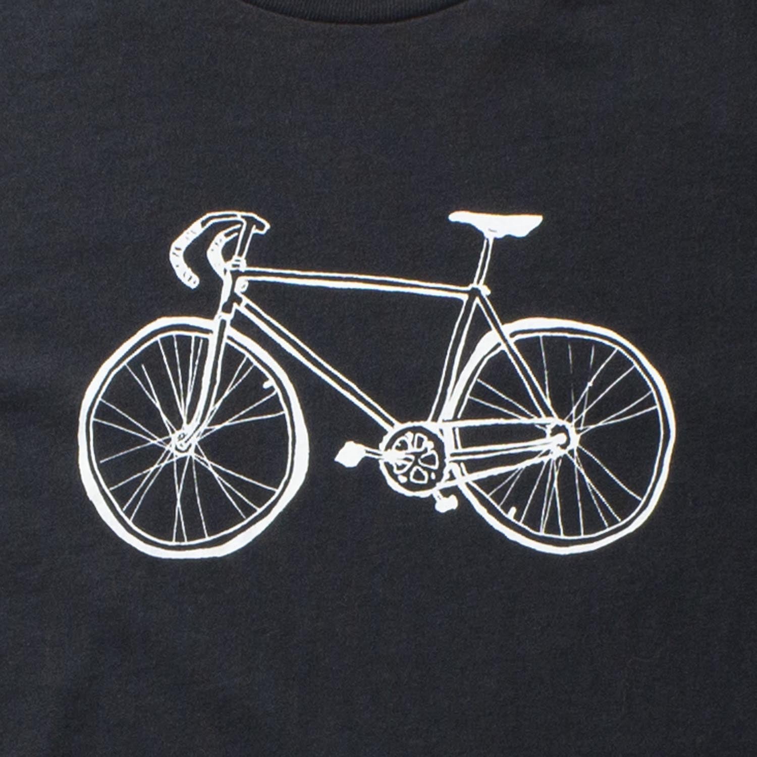 Details of black t-shirt with hand drawn ten speed bicycle in navy. bicycle art, bike art, minnesota, twin cities, minneapolis, st paul, minnesota-themed clothing, clothing, apparel, accessories, gifts, goods, t-shirt, t shirt, tee, t-shirts, t shirts, tees