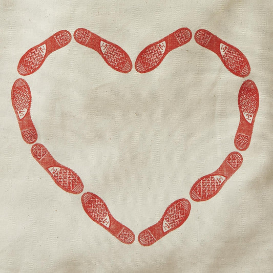 Details of natural Market Tote with red color heart shaped design made from Chuck Taylor sneaker prints. popular culture, pop culture, minnesota, twin cities, minneapolis, st paul, minnesota-themed clothing, clothing, apparel, accessories, gifts, goods, totes, tote bags, tote
