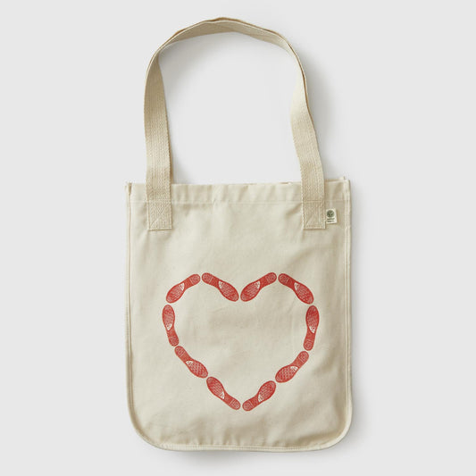 Natural Market Tote with red color heart shaped design made from Chuck Taylor sneaker prints. popular culture, pop culture, minnesota, twin cities, minneapolis, st paul, minnesota-themed clothing, clothing, apparel, accessories, gifts, goods, totes, tote bags, tote