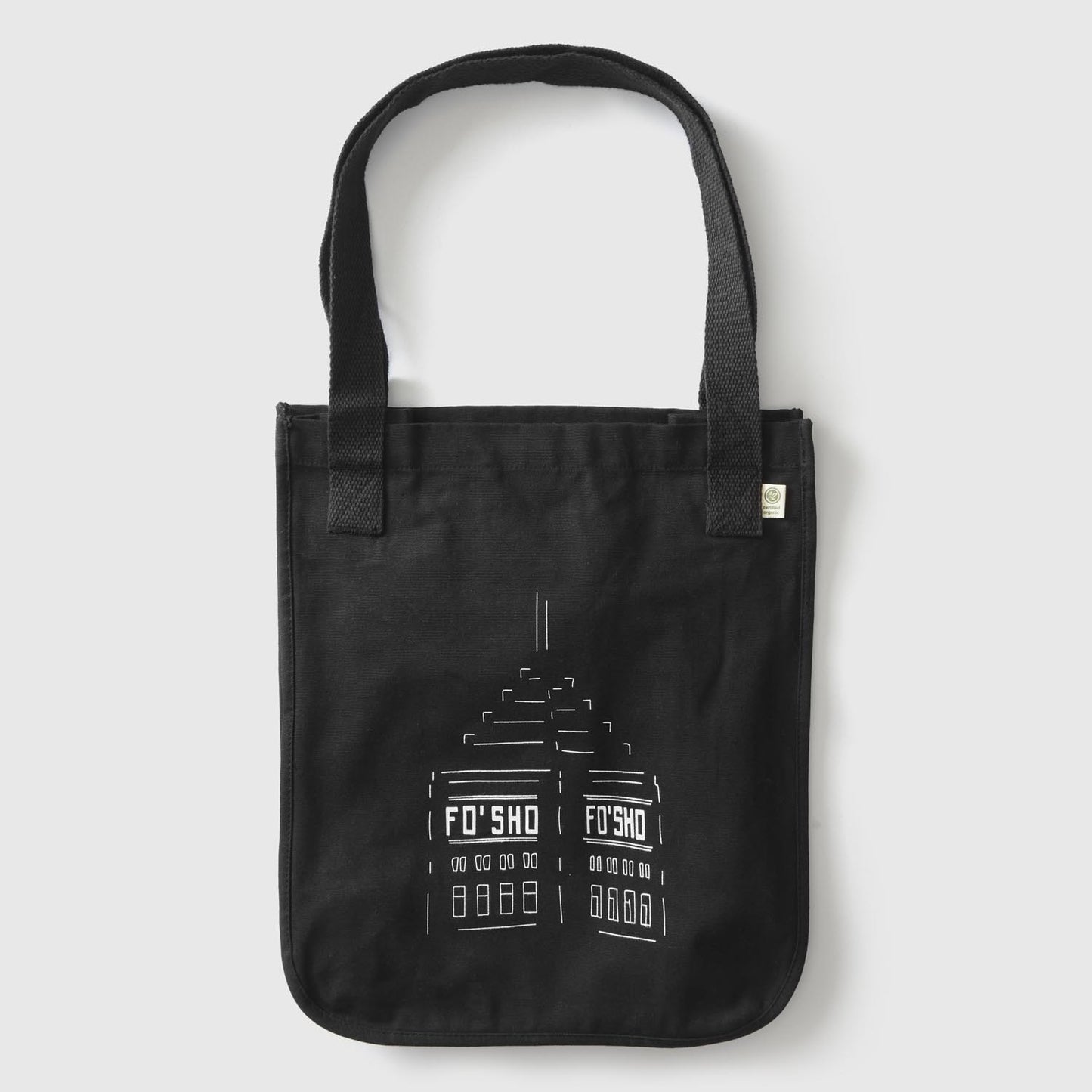 Black market tote with illustration depicting the Foshay Tower with Fo' Sho in place of Foshay. minnesota clothing, minnesota apparel, minnesota accessories, minnesota gifts, minnesota goods, minnesota themed clothing, minnesota themed apparel, minnesota themed gifts, minnesota themed goods, minnesota totes, minnesota tote bags, minnesota tote, minnesota themed tote bags, minnesota themed totes, minnesota themed tote