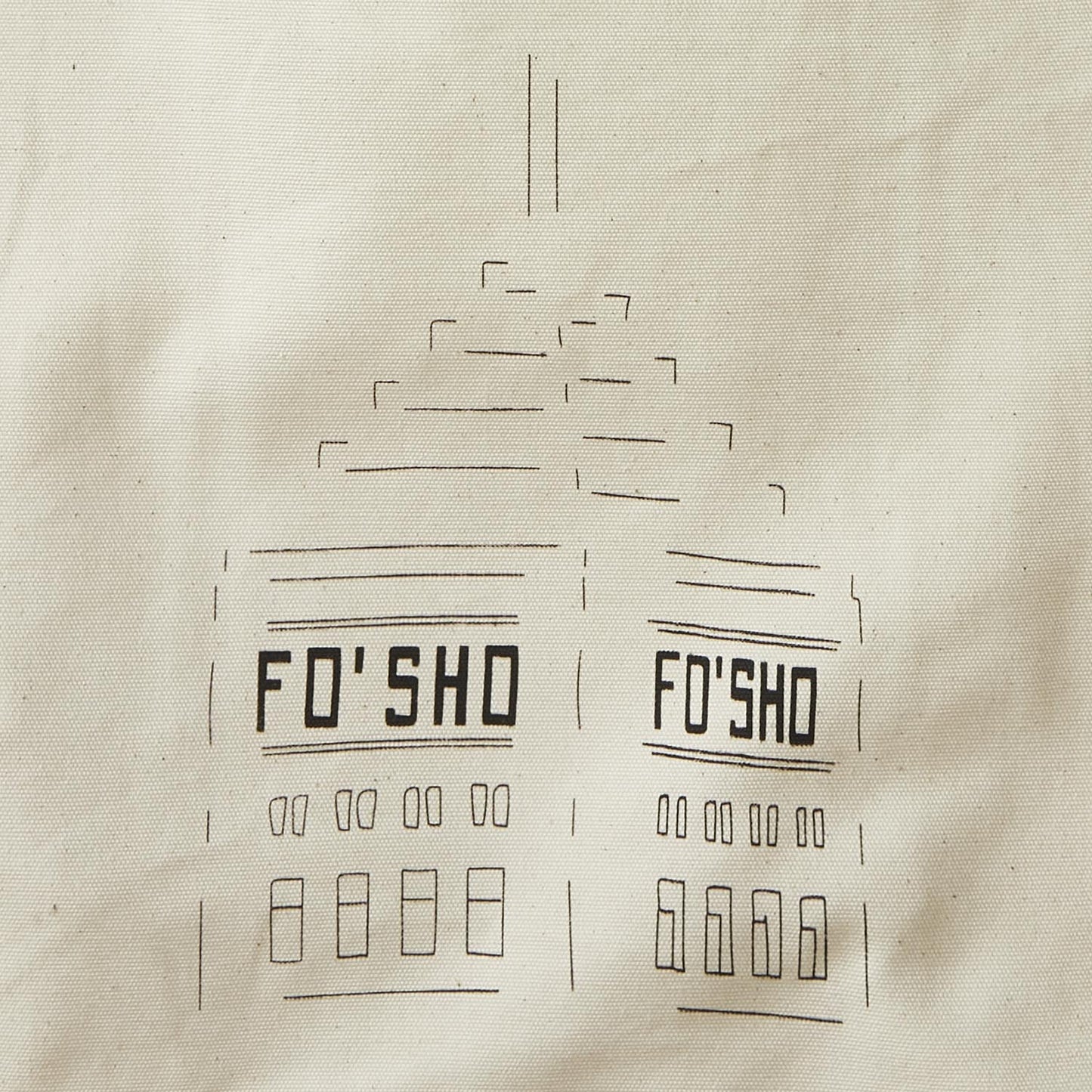 Details of natural market tote with illustration depicting the Foshay Tower with Fo' Sho in place of Foshay. minnesota clothing, minnesota apparel, minnesota accessories, minnesota gifts, minnesota goods, minnesota themed clothing, minnesota themed apparel, minnesota themed gifts, minnesota themed goods, minnesota totes, minnesota tote bags, minnesota tote, minnesota themed tote bags, minnesota themed totes, minnesota themed tote