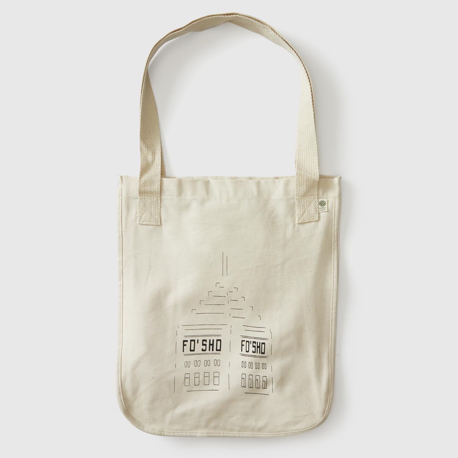 Natural market tote with illustration depicting the Foshay Tower with Fo' Sho in place of Foshay. minnesota clothing, minnesota apparel, minnesota accessories, minnesota gifts, minnesota goods, minnesota themed clothing, minnesota themed apparel, minnesota themed gifts, minnesota themed goods, minnesota totes, minnesota tote bags, minnesota tote, minnesota themed tote bags, minnesota themed totes, minnesota themed tote