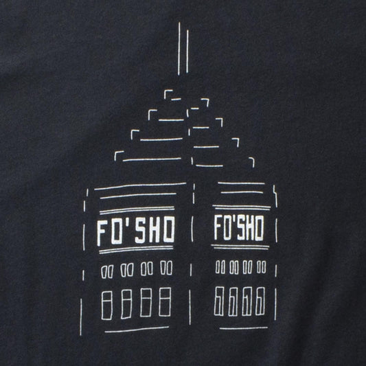 Detailed image of vintage black short sleeved t-shirt with illustration depicting the Foshay Tower with Fo' Sho in place of Foshay. minnesota clothing, minnesota apparel, minnesota accessories, minnesota gifts, minnesota goods, minnesota themed clothing, minnesota themed apparel, minnesota themed gifts, minnesota themed goods, minnesota tees, minnesota t-shirt, minnesota themed tees, minnesota themed t-shirts, minnesota themed t-shirt