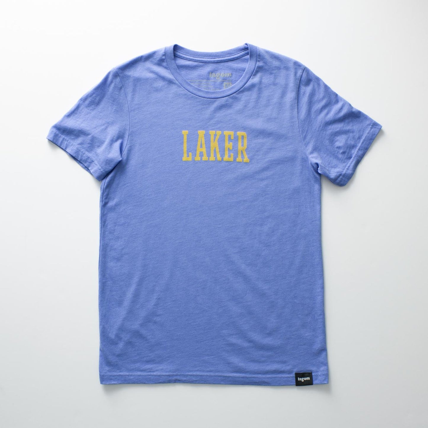 Blue t-shirt with LAKER in yellow. Minneapolis Lakers, basketball, 1950's, minnesota, twin cities, minneapolis, st paul, minnesota-themed clothing, clothing, apparel, accessories, gifts, goods, t-shirt, t shirt, tee, t-shirts, t shirts, tees