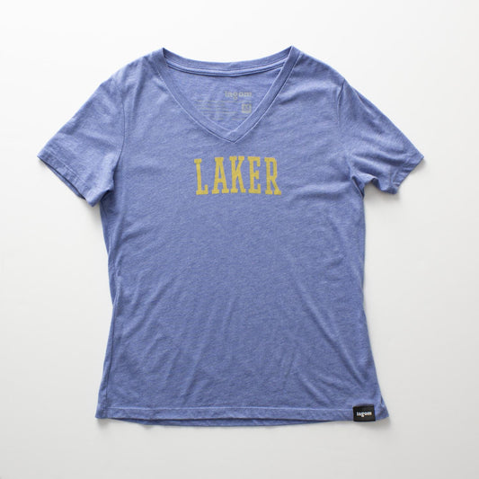 Blue t-shirt with LAKER in yellow. Minneapolis Lakers, basketball, 1950's, minnesota, twin cities, minneapolis, st paul, minnesota-themed clothing, clothing, apparel, accessories, gifts, goods, t-shirt, t shirt, tee, t-shirts, t shirts, tees