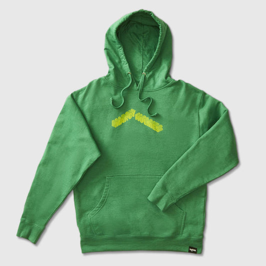 Kelly Green Heather pullover hoodie with Marcy-Holmes text in yellow with isometric effect. neighborhoods, minnesota, twin cities, minneapolis, st paul, minnesota-themed clothing, clothing, apparel, accessories, gifts, goods, hooded sweatshirt, hoodie, sweatshirts, hoodies