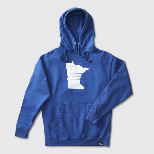 Royal pullover hoodie with graphic in the shape of the state outline of Minnesota with the details of a hockey rink on the inside of the state outline. minnesota clothing, minnesota apparel, minnesota accessories, minnesota gifts, minnesota goods, minnesota-themed clothing, minnesota-themed apparel, minnesota-themed gifts, minnesota-themed goods, minnesota hoodies, minnesota hooded sweatshirts, minnesota-themed hoodies, minnesota-themed hooded sweatshirts, minnesota hockey