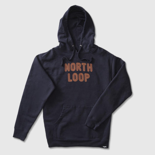 Classic navy pullover hoodie with North Loop text in orange with a multi-stroke effect. minnesota clothing, minnesota apparel, minnesota accessories, minnesota gifts, minnesota goods, minnesota-themed clothing, minnesota-themed apparel, minnesota-themed gifts, minnesota-themed goods, twin cities clothing, twin cities apparel, twin cities accessories, minneapolis clothing, minneapolis apparel, twin cities neighborhoods, minneapolis neighborhoods