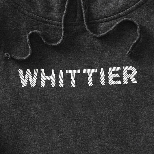 Details of charcoal heather pullover hoodie with Whittier text in white with line effect. minnesota clothing, minnesota apparel, minnesota accessories, minnesota gifts, minnesota goods, minnesota-themed clothing, minnesota-themed apparel, minnesota-themed gifts, minnesota-themed goods, twin cities clothing, twin cities apparel, twin cities accessories, minneapolis clothing, minneapolis apparel, twin cities neighborhoods, minneapolis neighborhoods